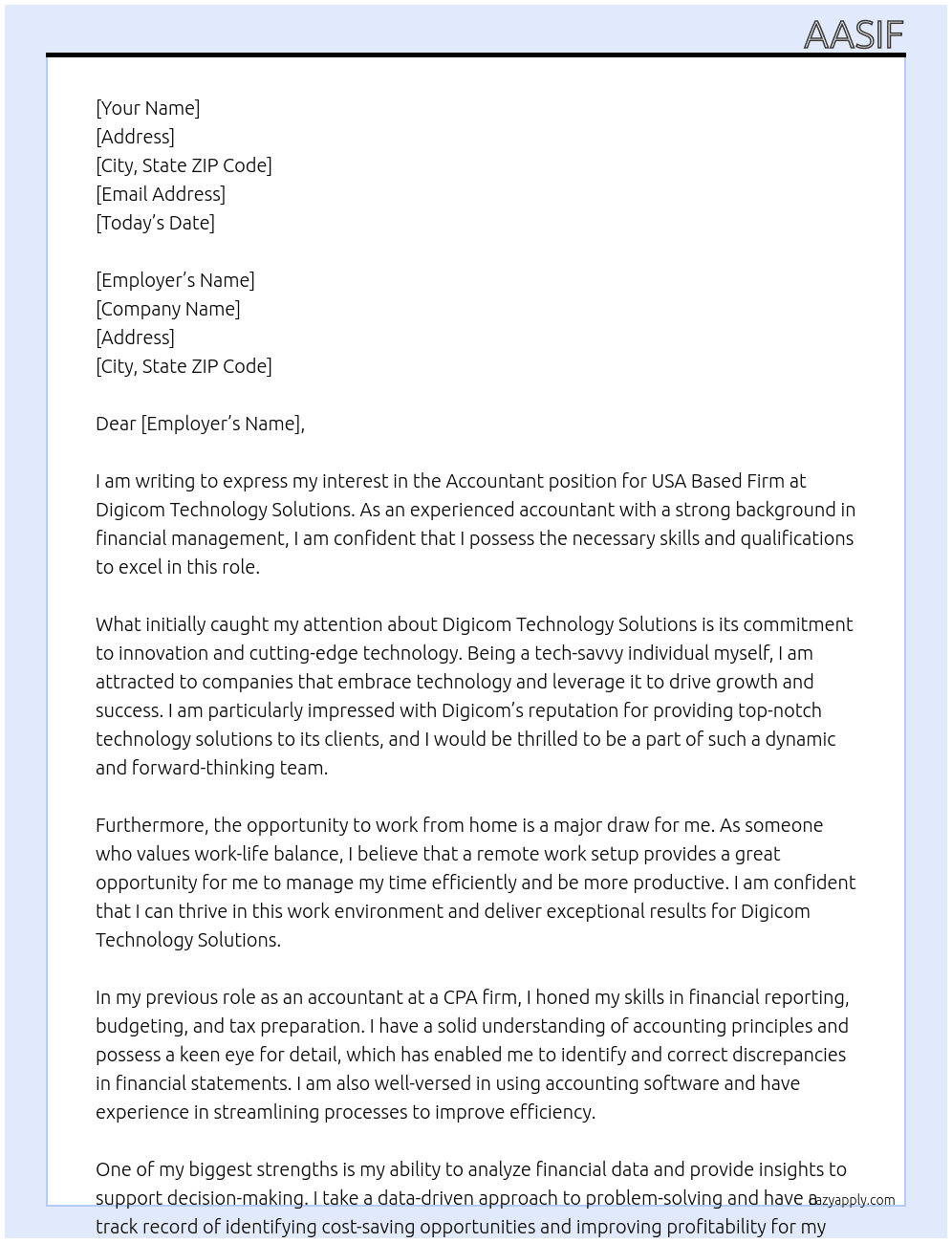 Accountant for USA Based Firm - Work from Home At Digicom Technology Solutions Cover Letter