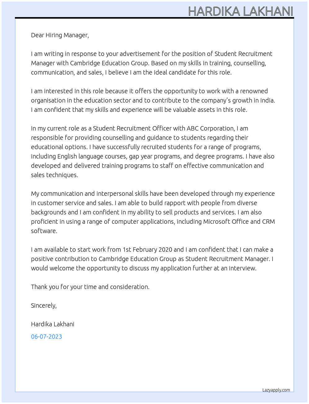 Student Recruitment Manager At Cambridge Education Group Cover Letter