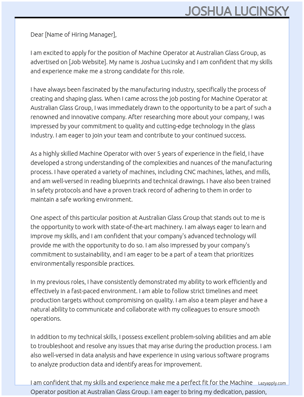 Machine Operators At Australian Glass Group Cover Letter