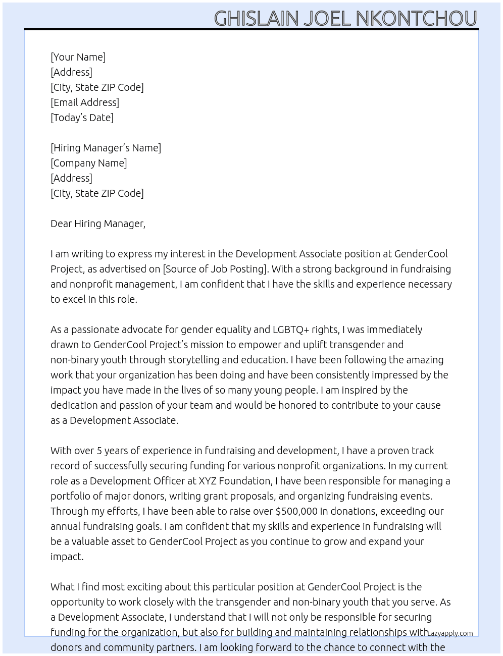 Development Associate At GenderCool Project Cover Letter