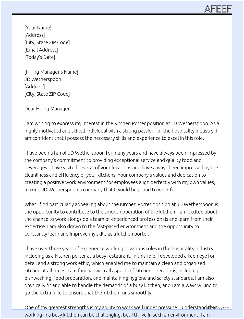 Kitchen porter At Jd wetherspoon Cover Letter