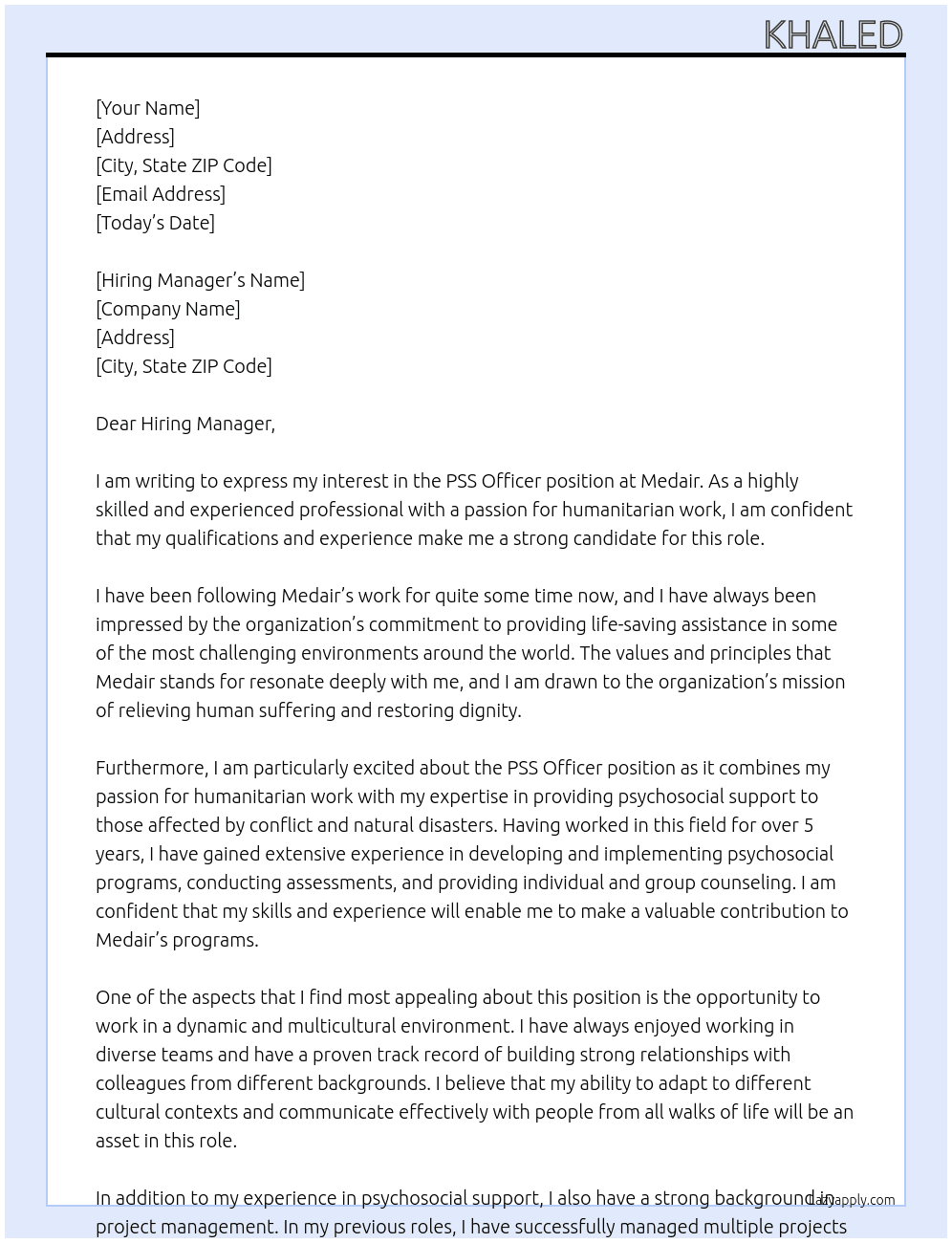 PSS Officer At Medair Cover Letter