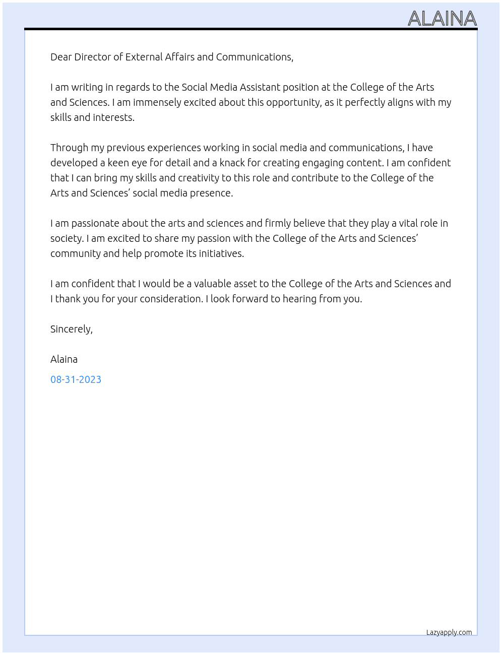 Social Media Assistant At College of the Arts and Sciences Cover Letter