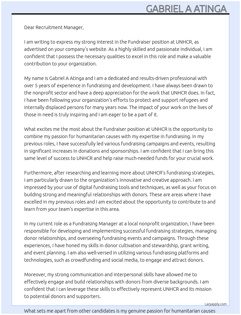 Fundraiser  At UNHCR  Cover Letter