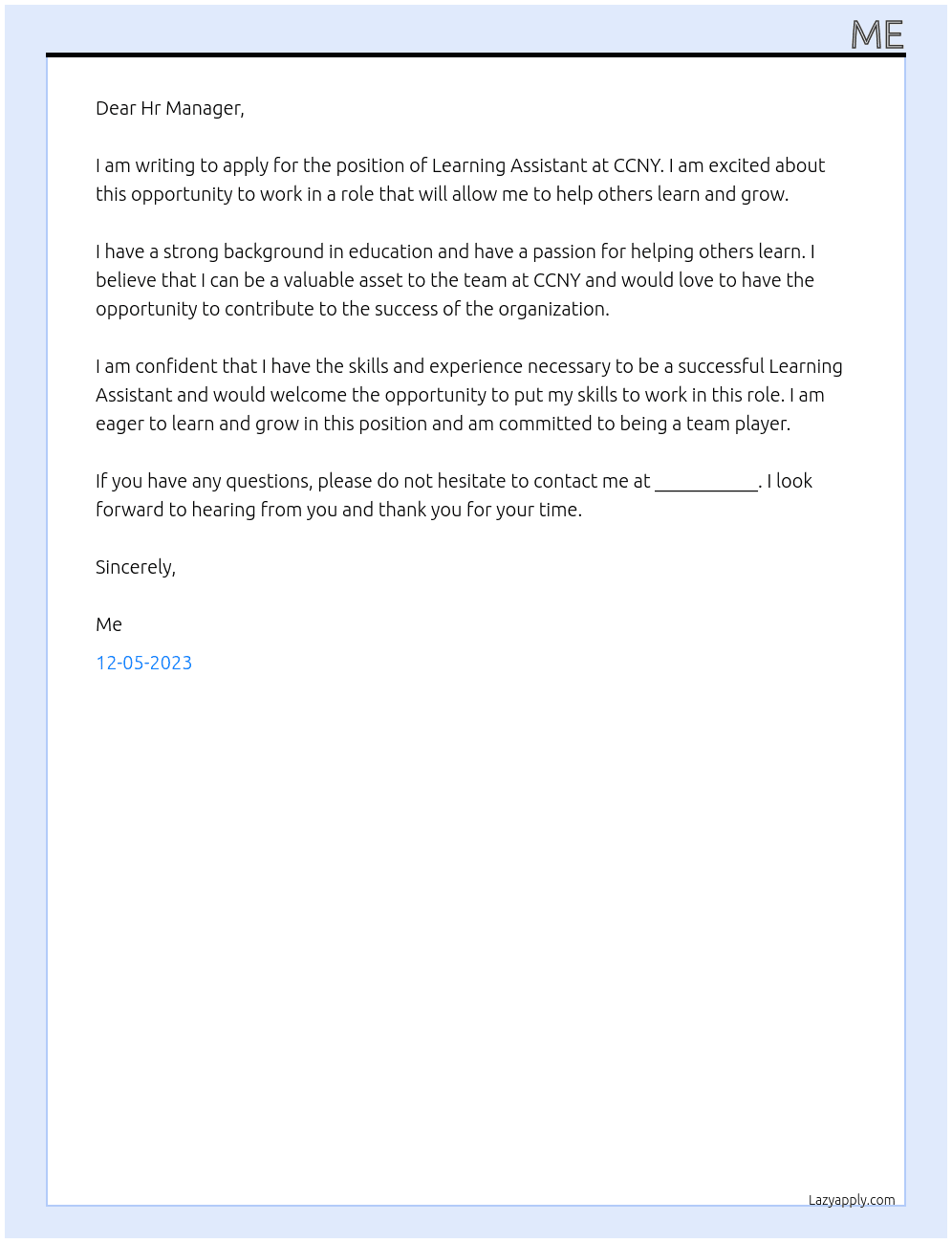 Learning Assistant  At CCNY Cover Letter