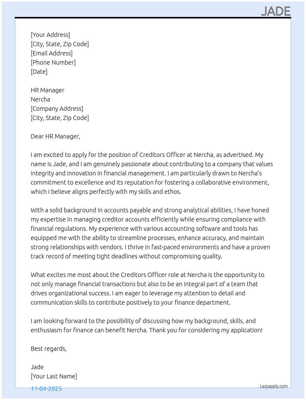 Cover letter for creditors officer - LazyApply