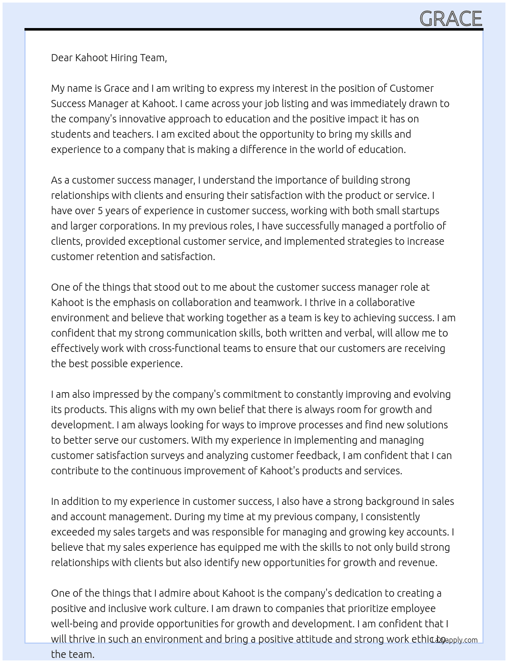 Customer Success Manager  At Kahoot Cover Letter