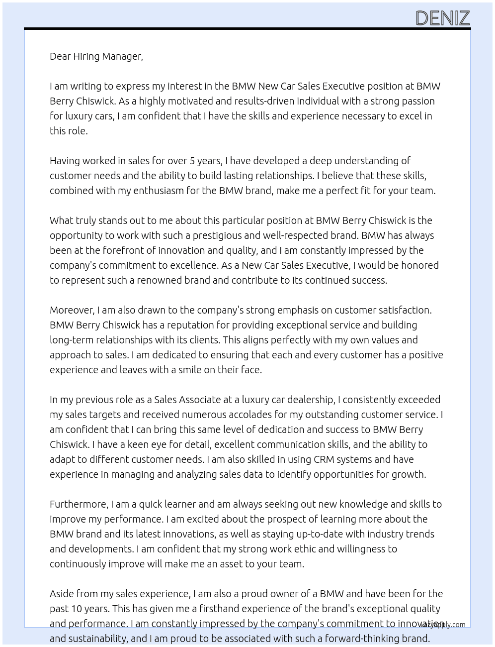BMW New Car Sales Executive Chiswick At BMW Berry Chiswick Cover Letter