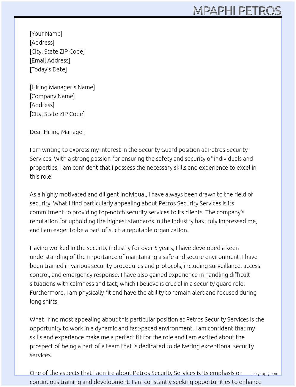 Security Gurd At Petros Security Services Cover Letter