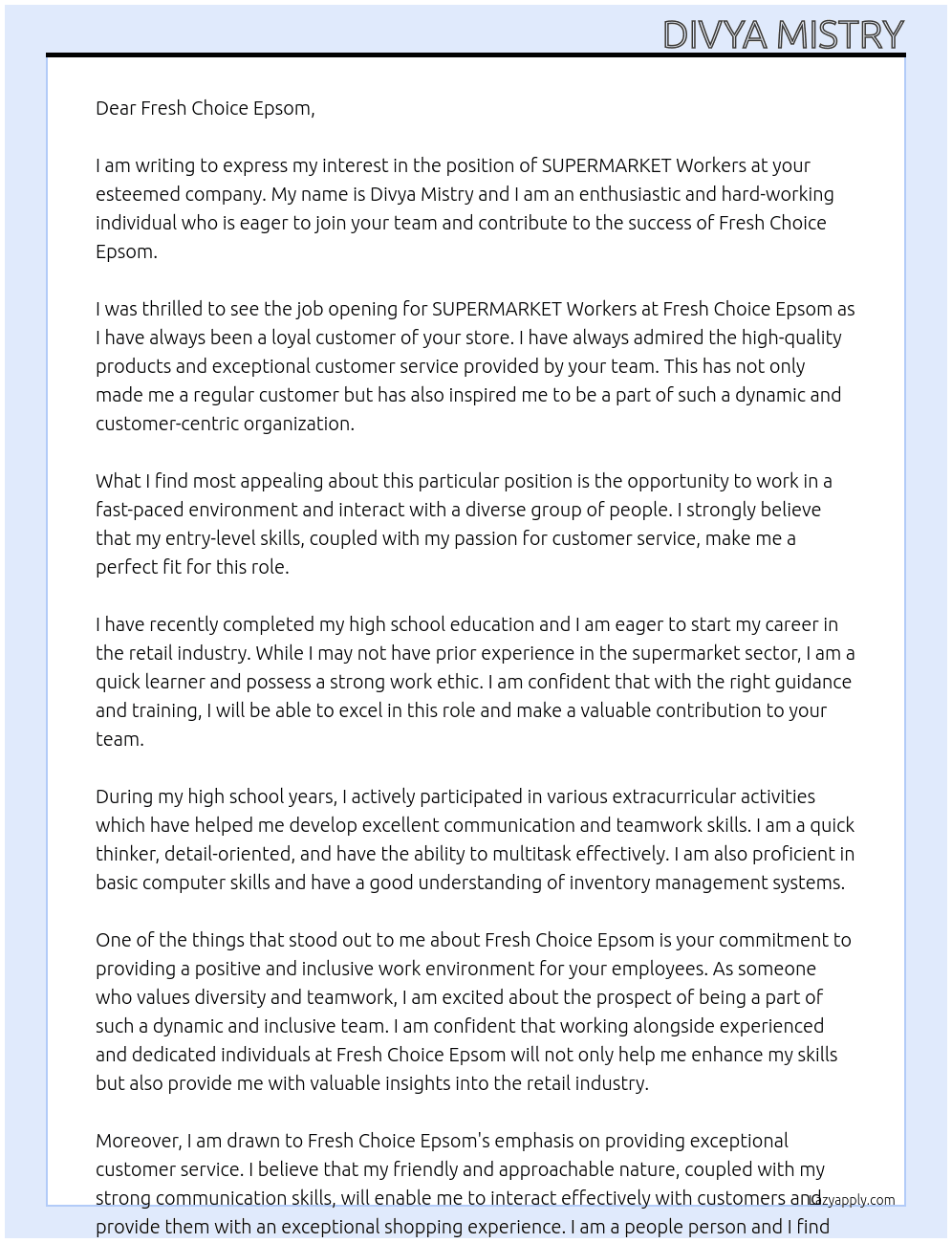 SUPERMARKET Workers At Fresh Choice Epsom Cover Letter