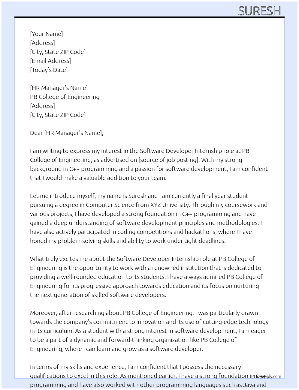 Software developer  At PB College of engineering  Cover Letter