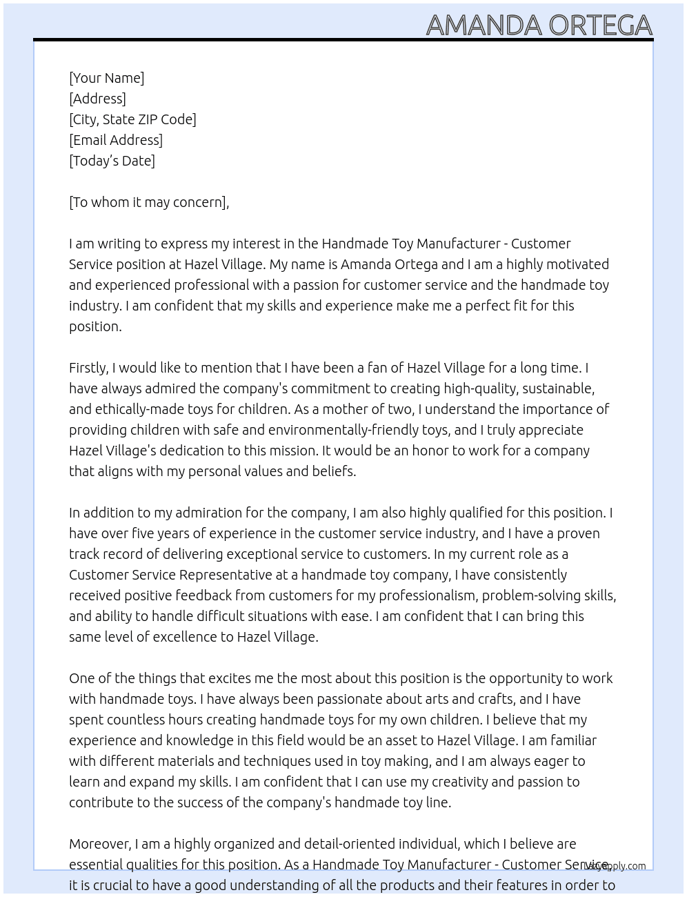 Handmade Toy Manufacturer - Customer Service At Hazel Village Cover Letter