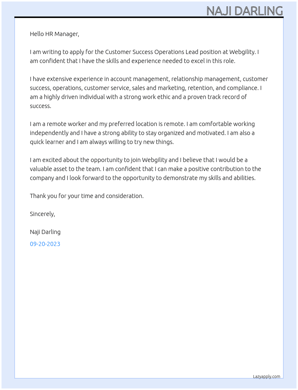 Customer Success Operations Lead At Webgility Cover Letter