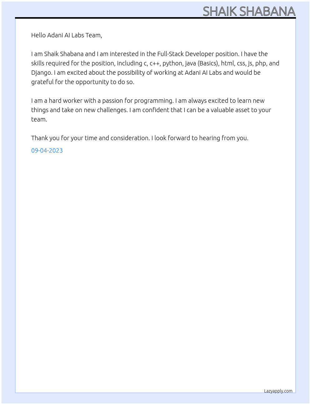 Full-Stack Developers At Adani AI Labs Cover Letter