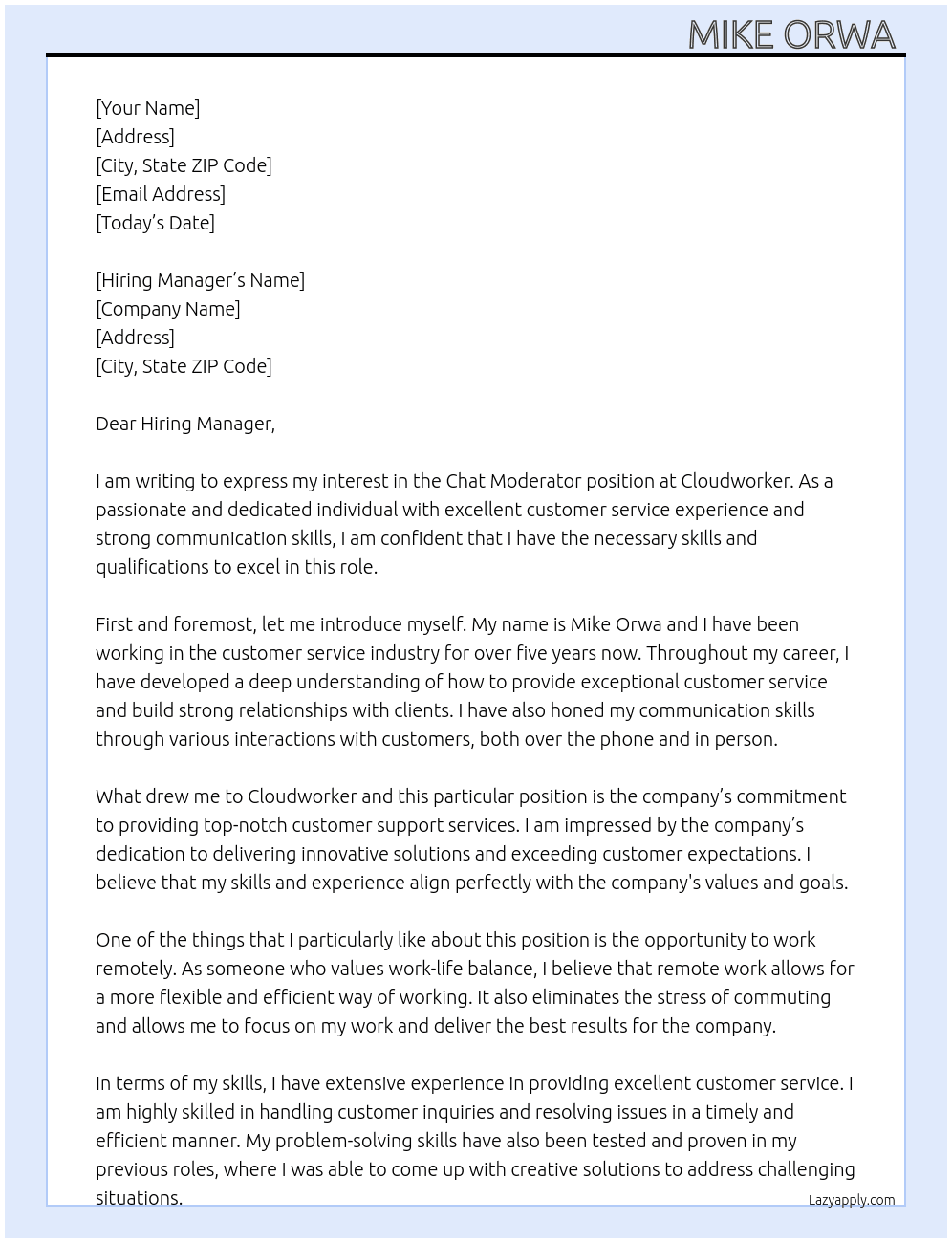 Chat moderator  At Cloudworker  Cover Letter