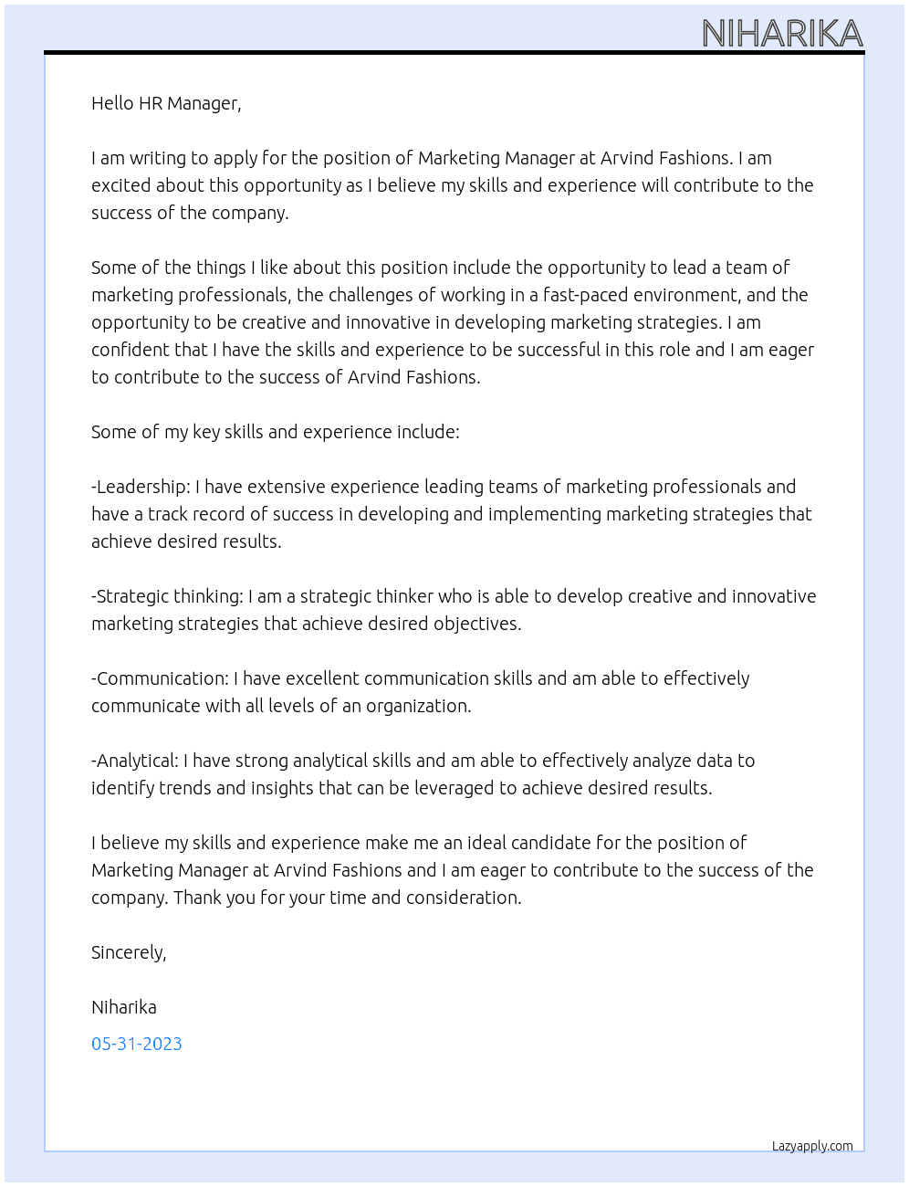 Marketing Manager At Arvind Fashions Cover Letter