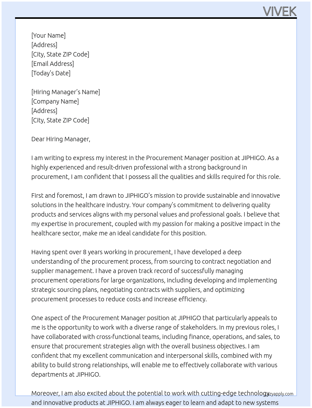 Procurement Manager At JIPHIGO Cover Letter