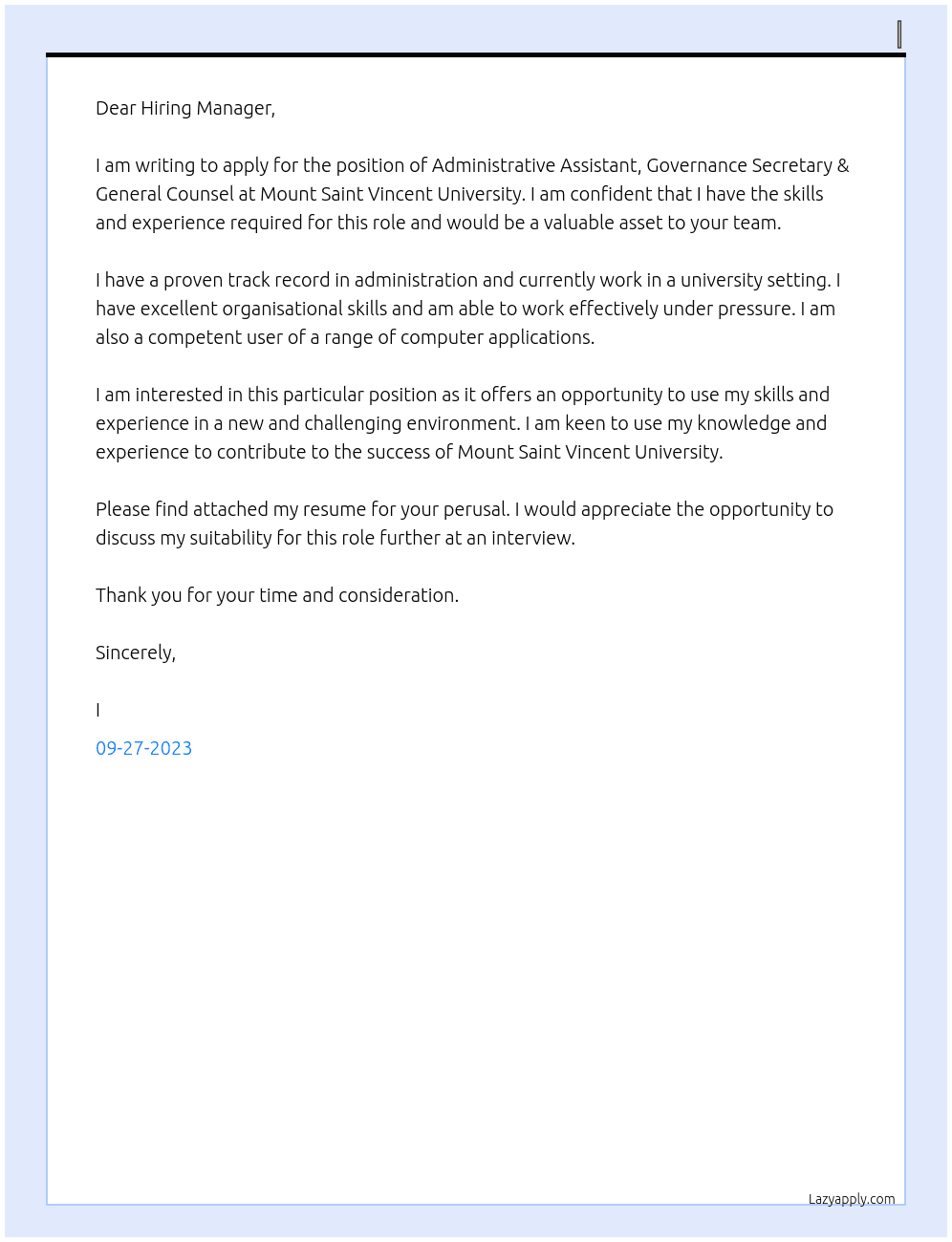 ADMINISTRATIVE ASSISTANT, GOVERNANCE SECRETARY & GENERAL COUNSEL At Mount Saint Vincent University Cover Letter