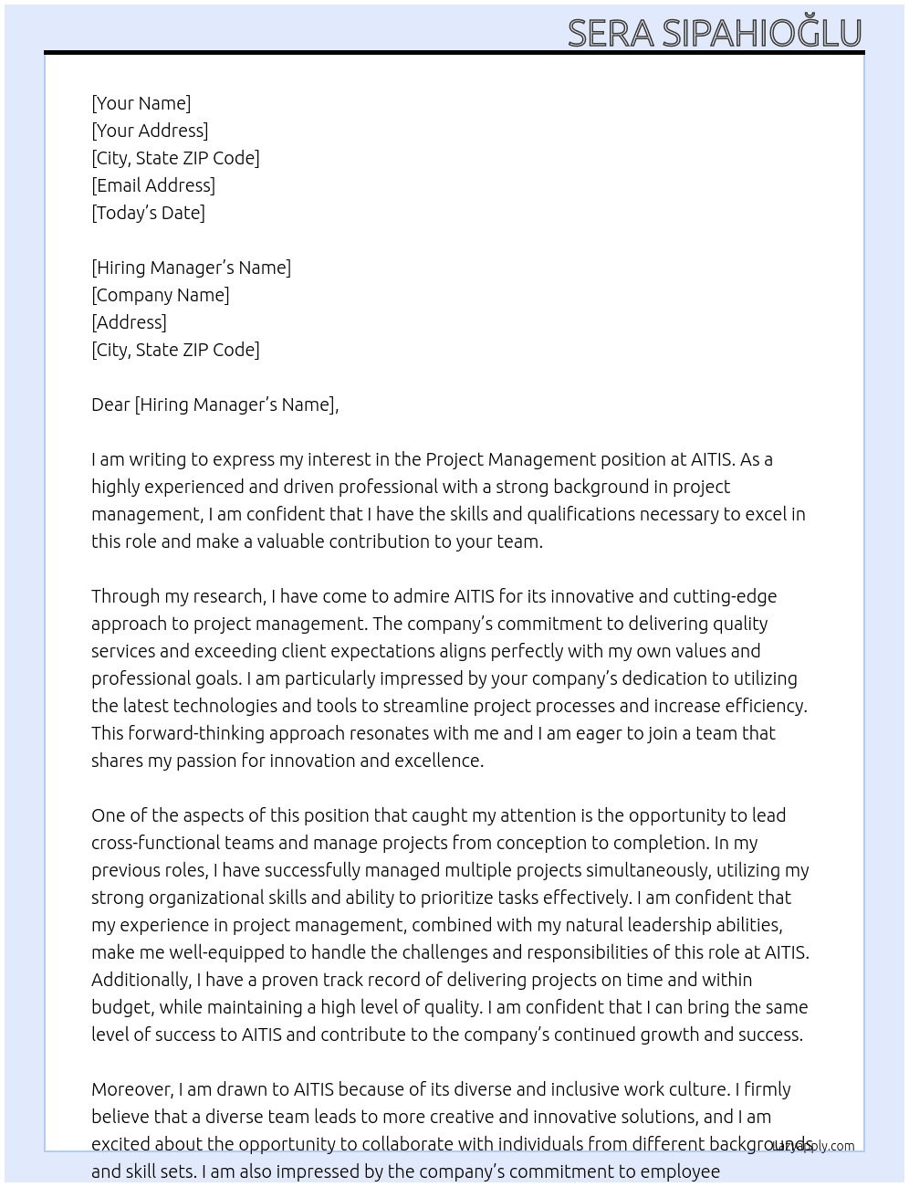project management At AITIS Cover Letter