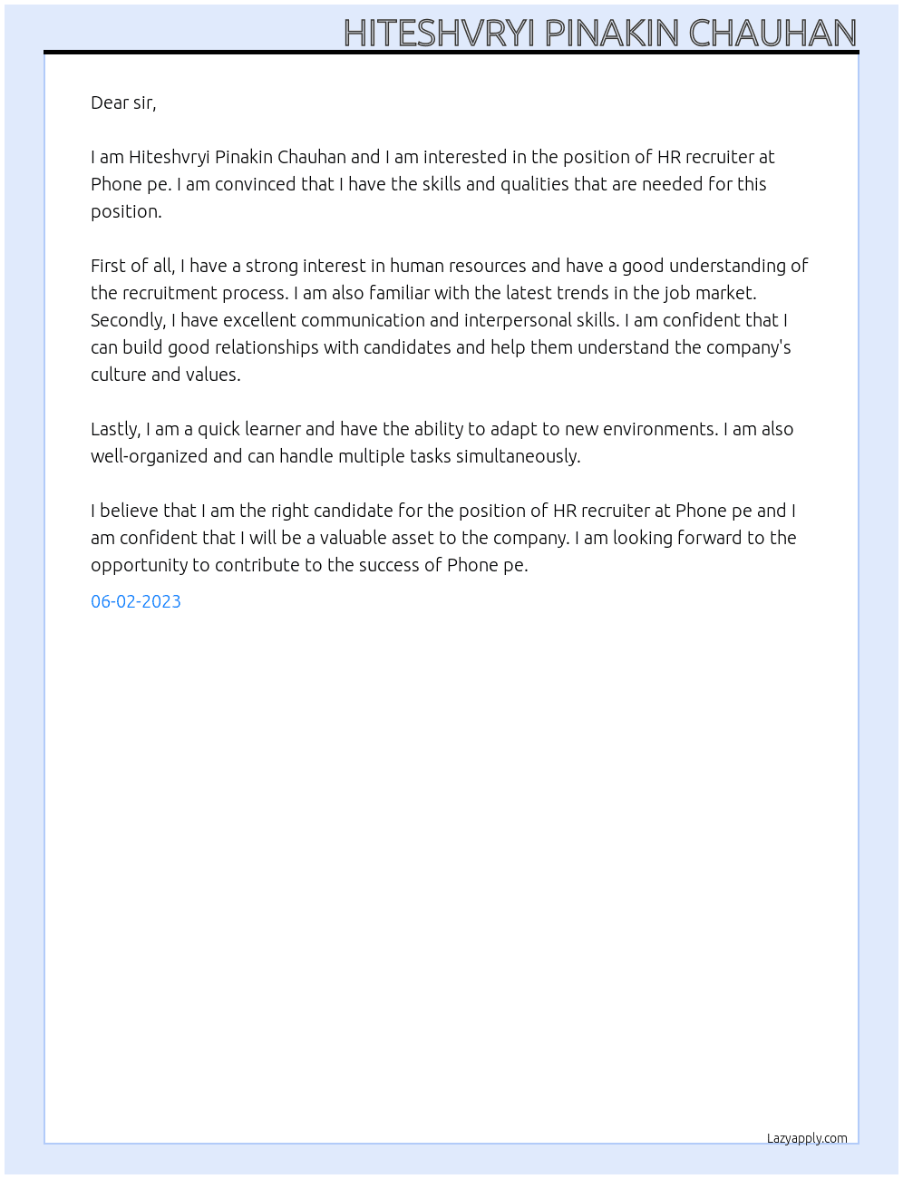 HR recruiter At Phone pe Cover Letter