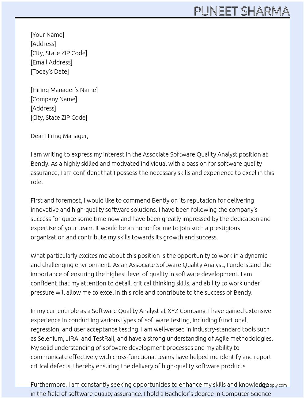 Associate Software Quality Analyst  At bently Cover Letter