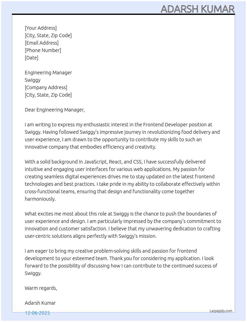 Frontend Developer At Swiggy Cover Letter