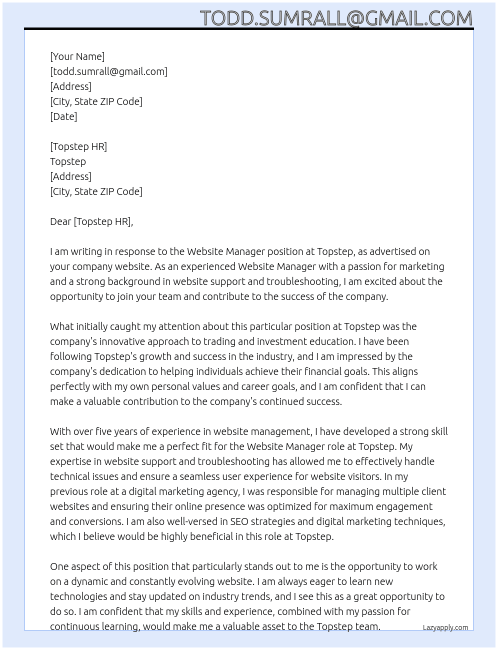 Website Manager At Topstep Cover Letter