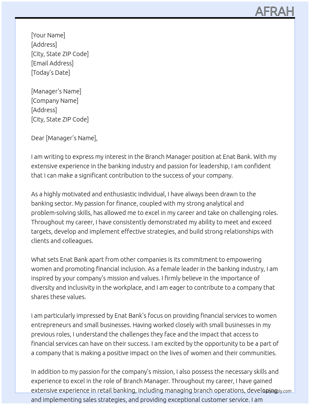 Branch manager At Enat bank  Cover Letter