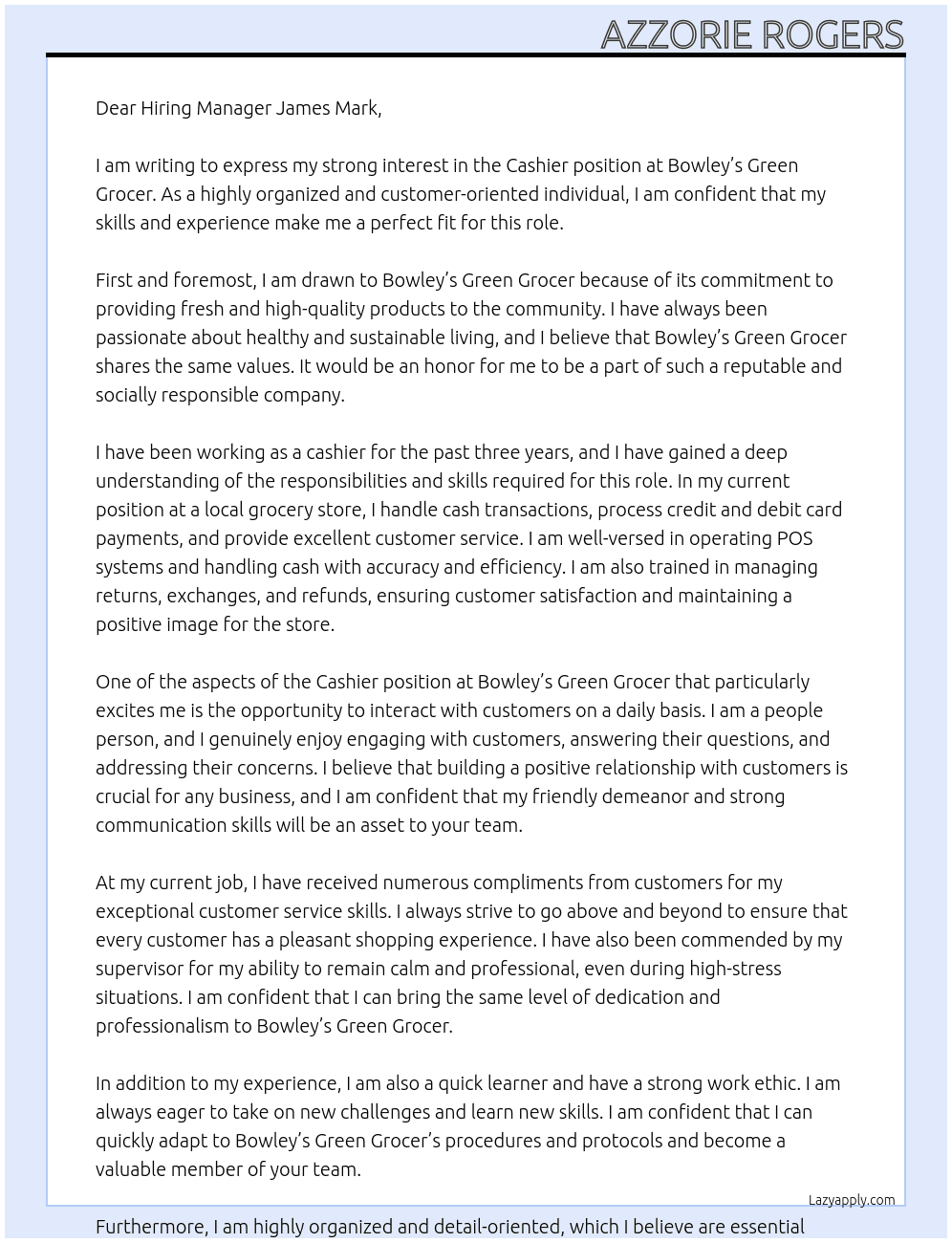 Cashier At Bowley’s Green Grocer Cover Letter