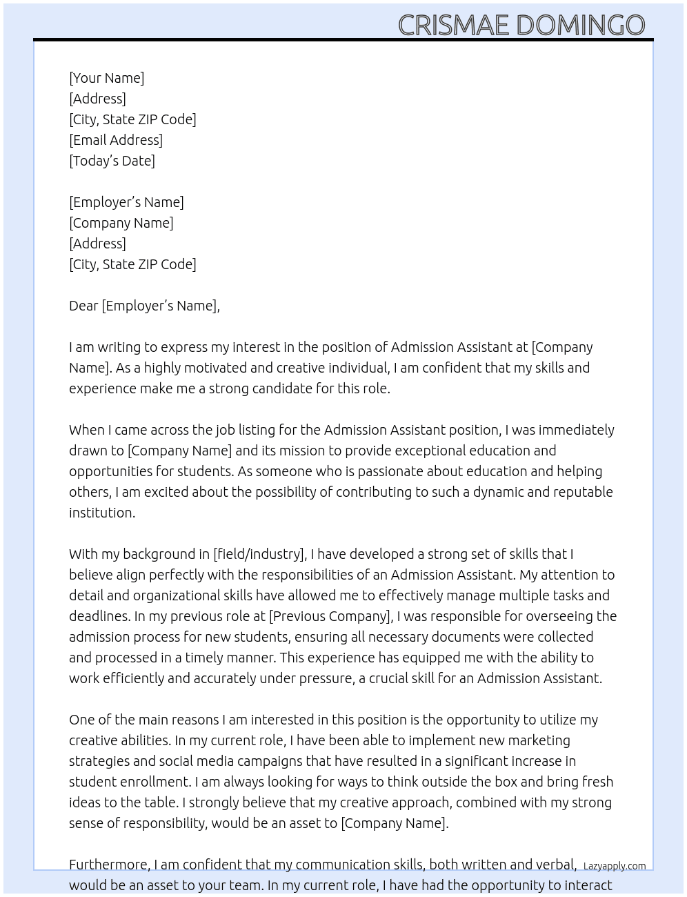 Admission  At Assistant  Cover Letter