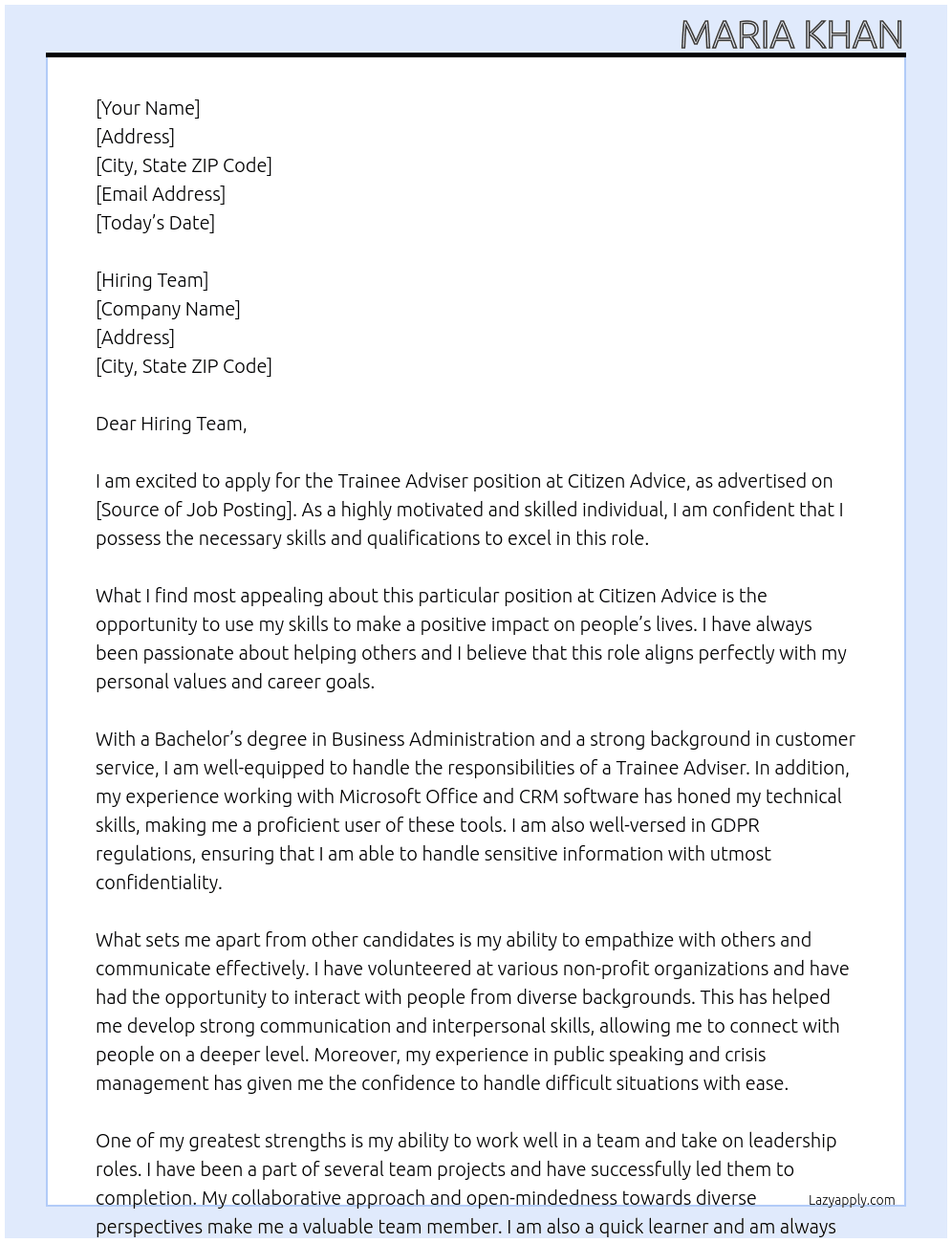 Trainee Adviser At Citizen Advice Cover Letter