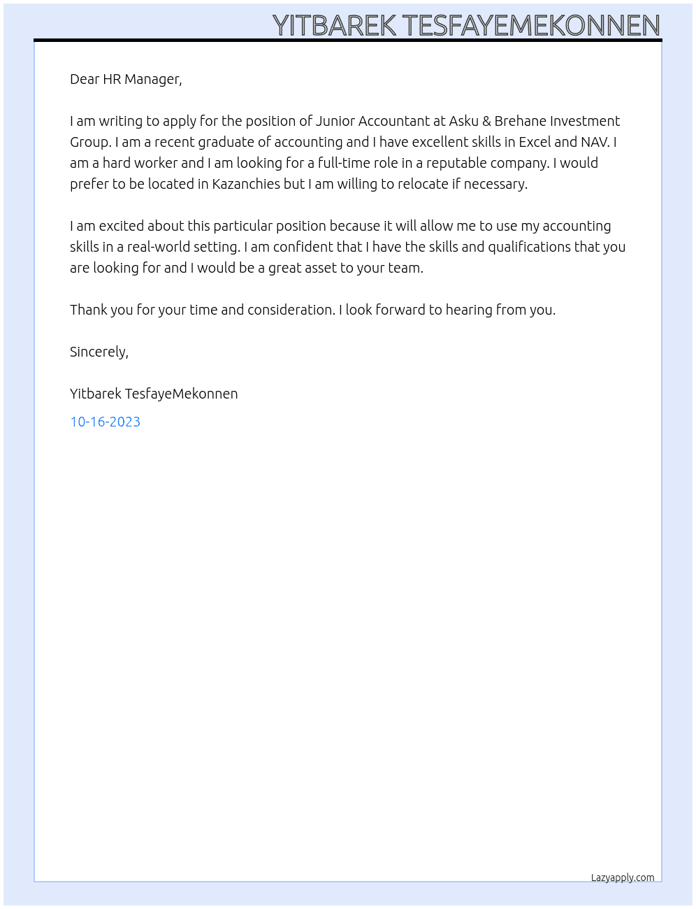 Junior Accountant  At Asku & Brehane Investment Group Cover Letter