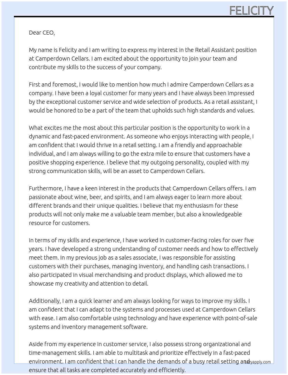Retail assistant  At Camperdown cellars  Cover Letter