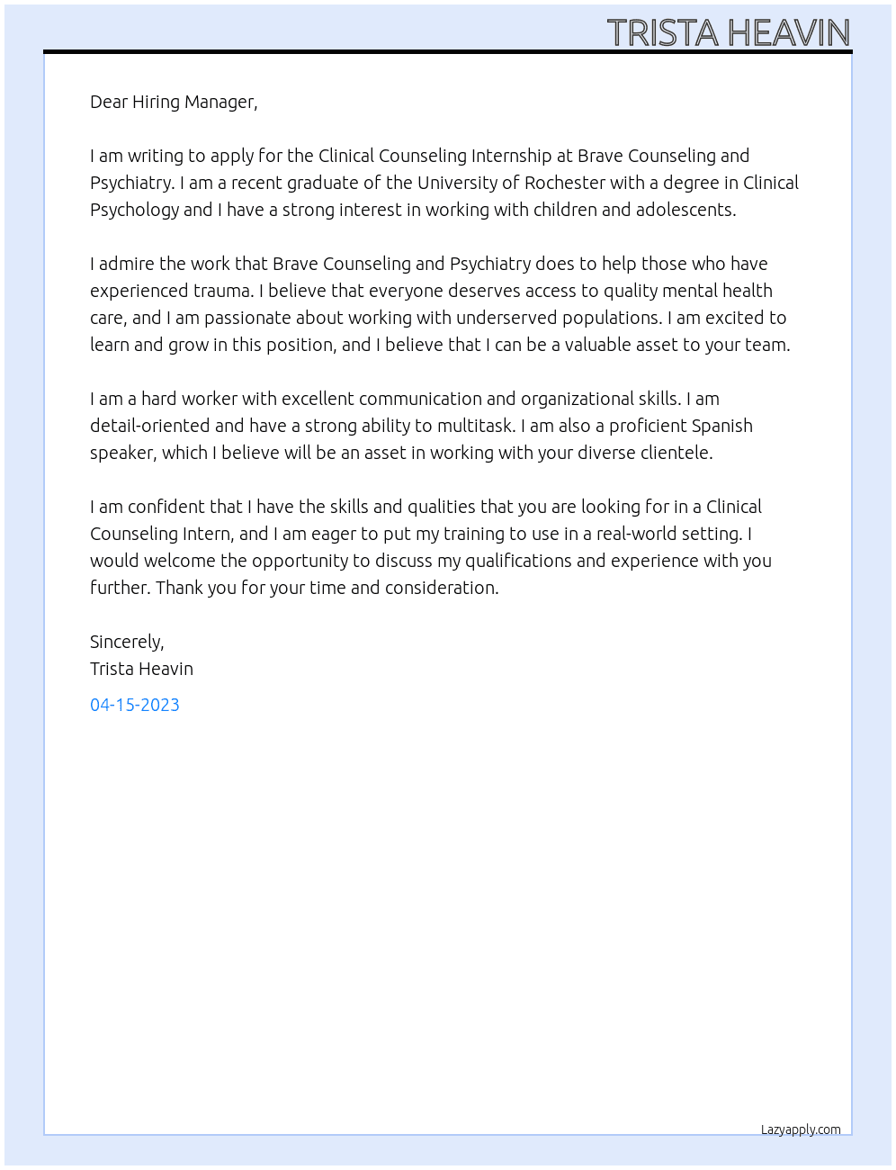 Clinical Counseling Internship At Brave Counseling and Psychiatry  Cover Letter