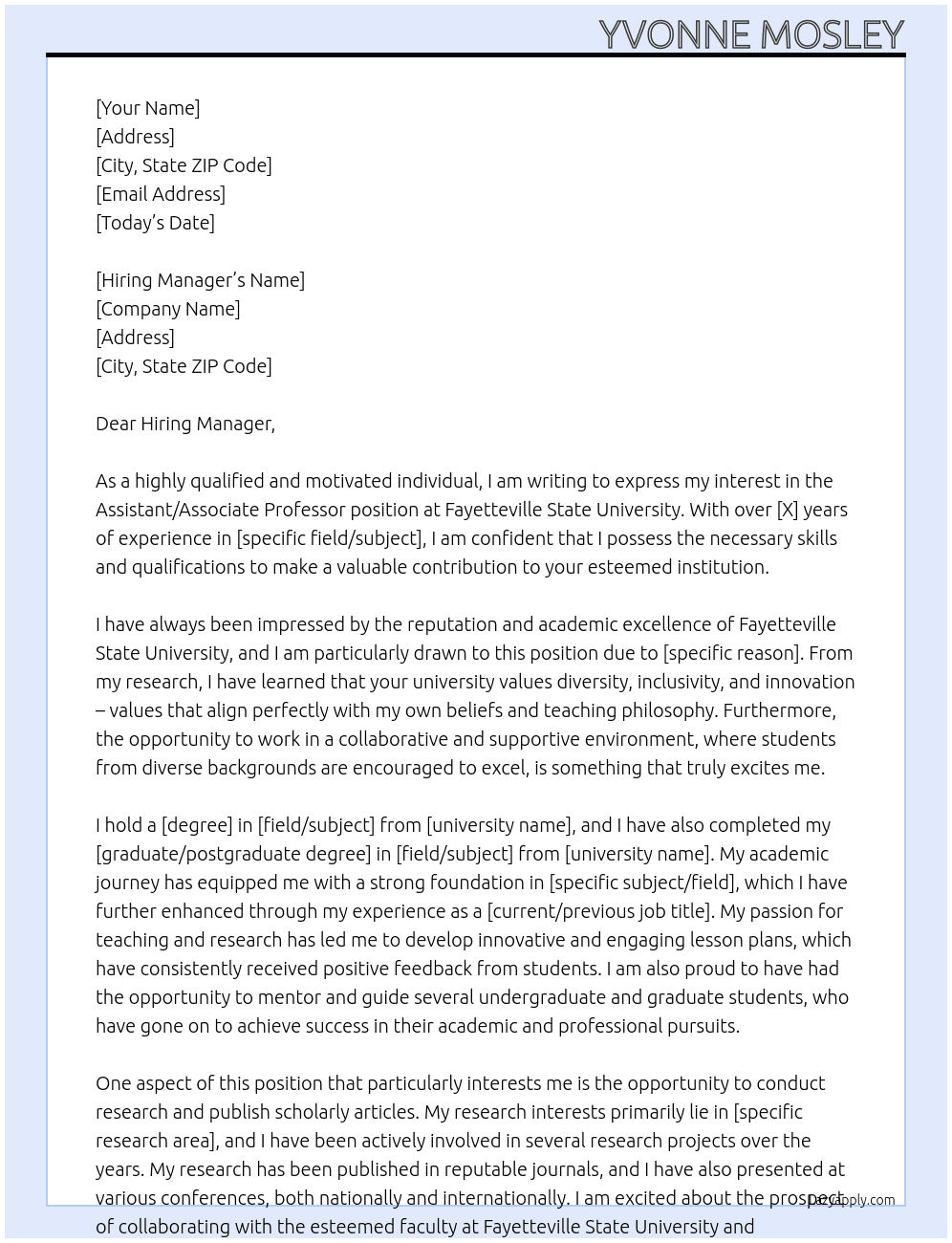 Assistant/Associate Professor At Fayetteville State University Cover Letter