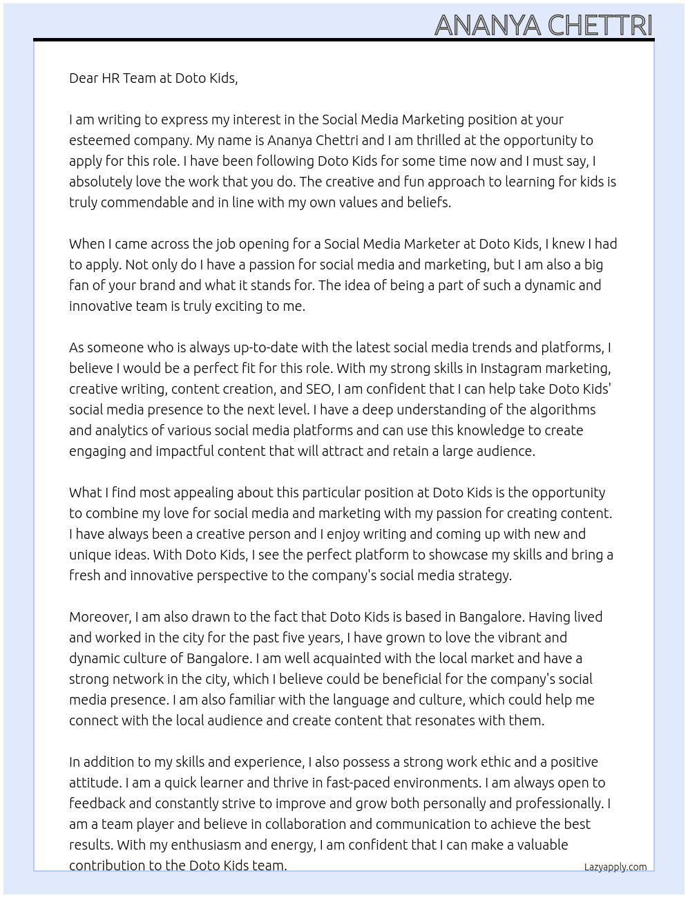 social media marketing At doto kids Cover Letter