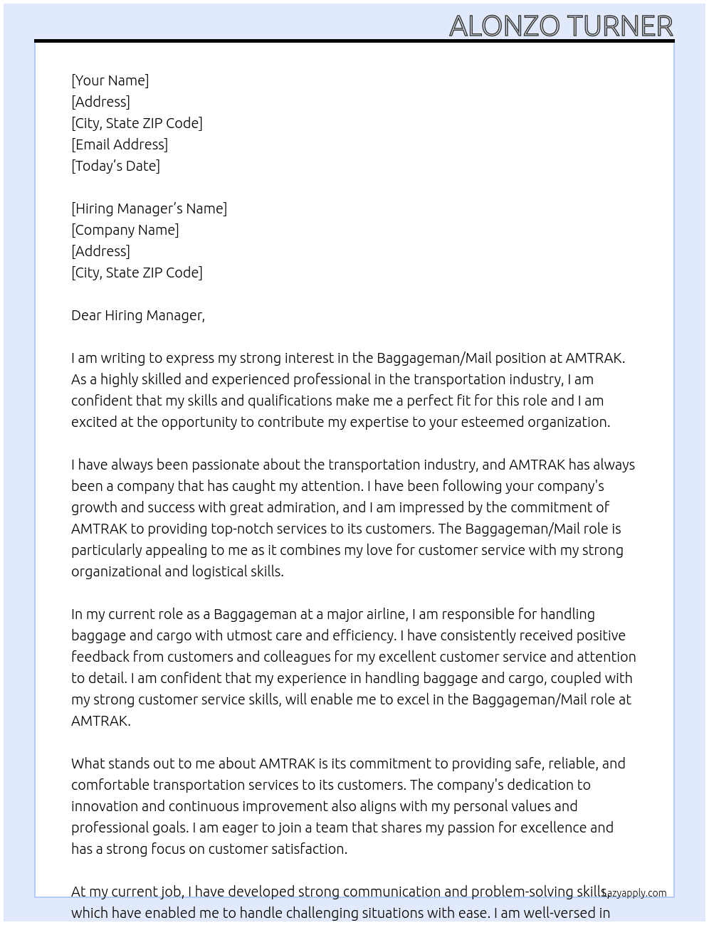 Baggageman/Mail At AMTRAK Cover Letter