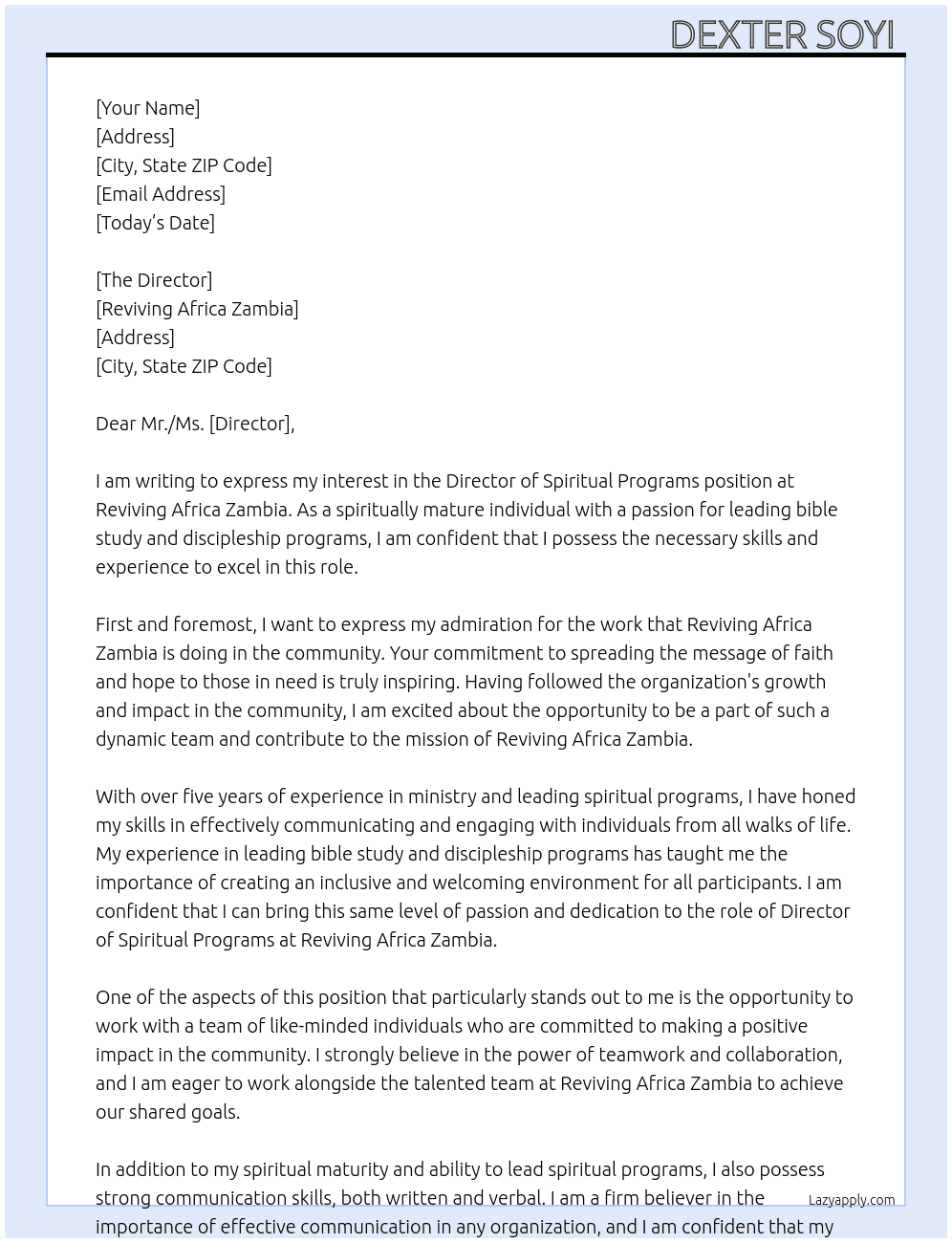 Director of spiritual programs  At Reviving Africa Zambia  Cover Letter