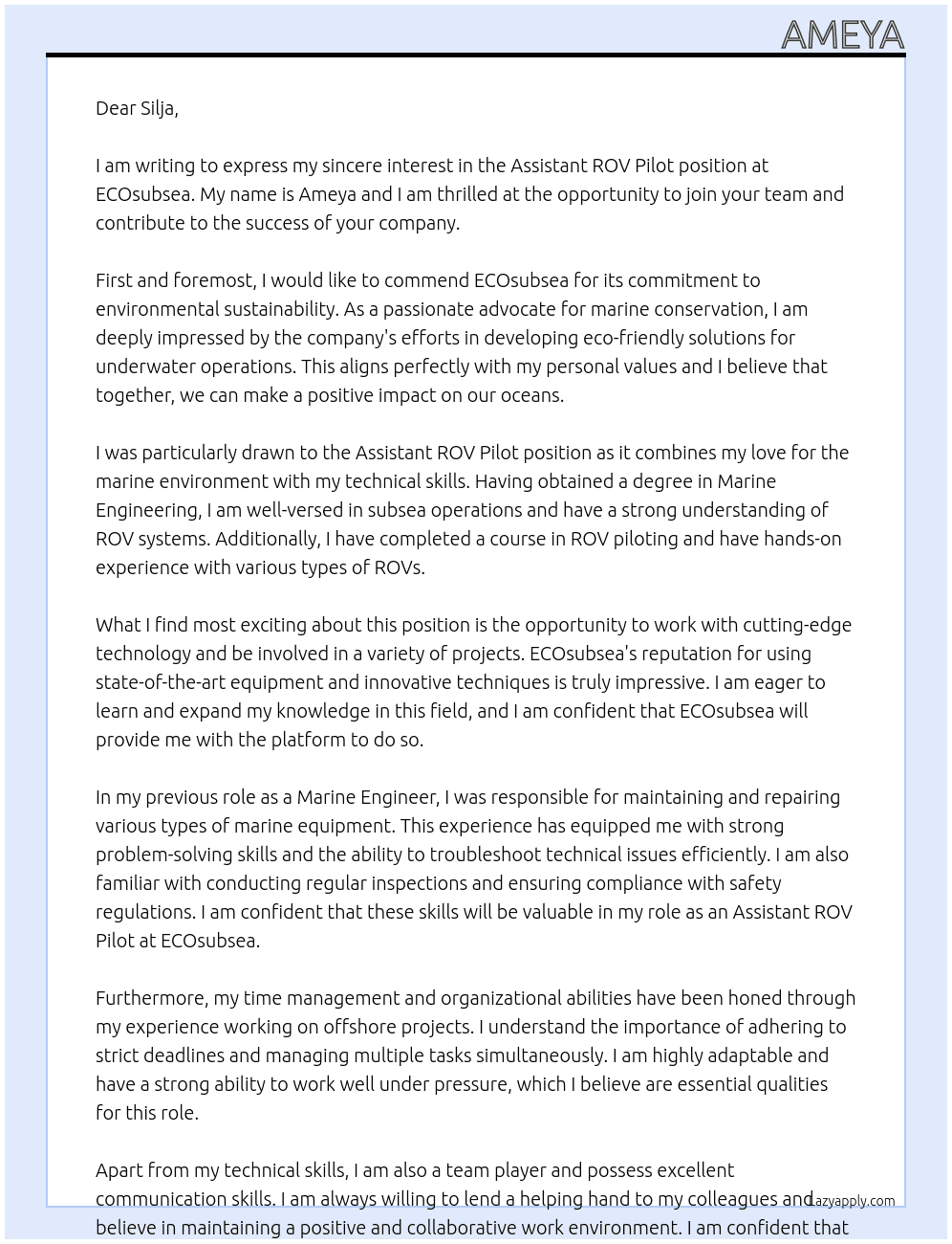 Assistant ROV Pilot At ECOsubsea Cover Letter