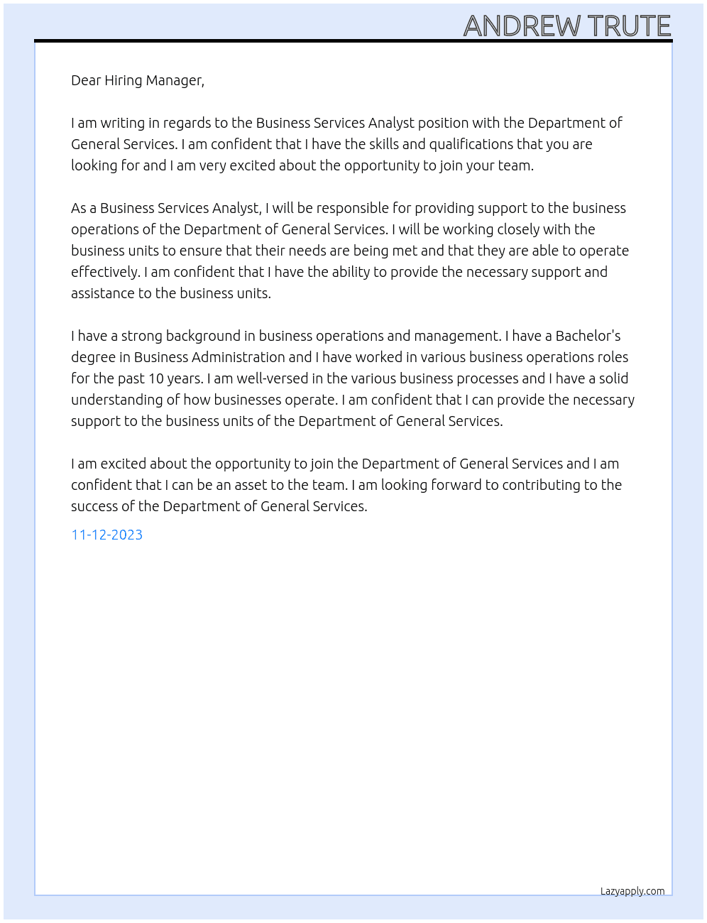 Business Services Analyst At Department of General Services Cover Letter