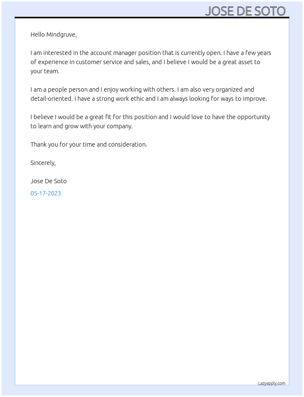 Account Manager  At Mindgruve Cover Letter