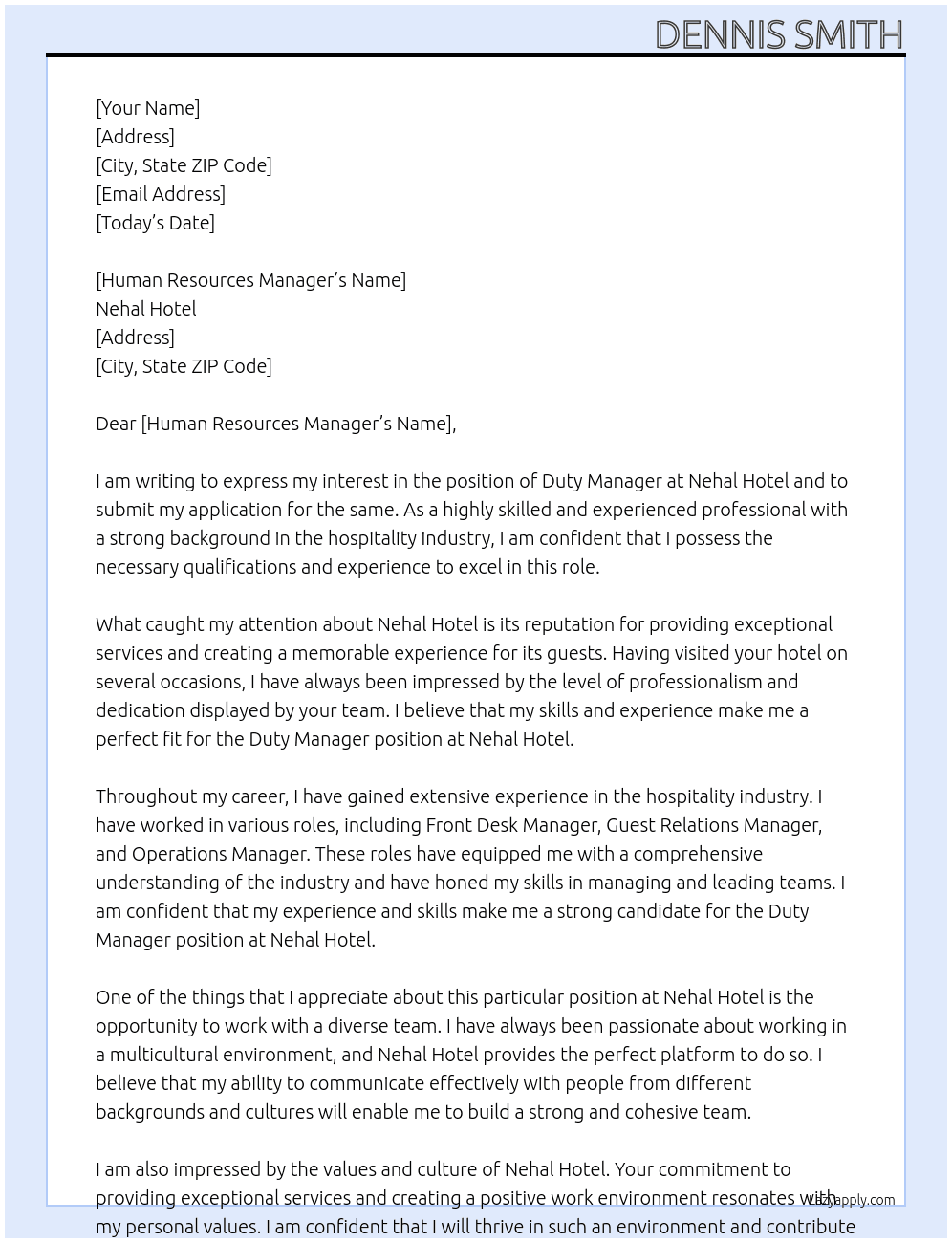 Duty Manager At Nehal Hotel Cover Letter