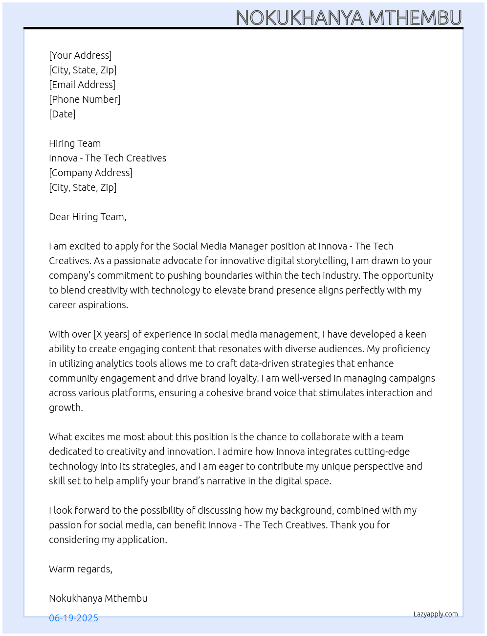 Social Media Manager At Innova-The Tech Creatives Cover Letter