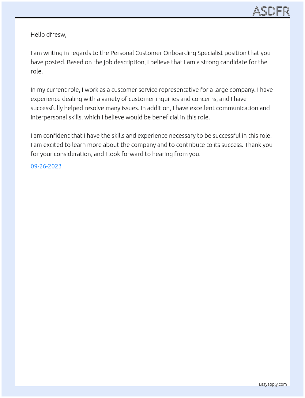 Personal Customer Onboarding Specialist At asdfre Cover Letter