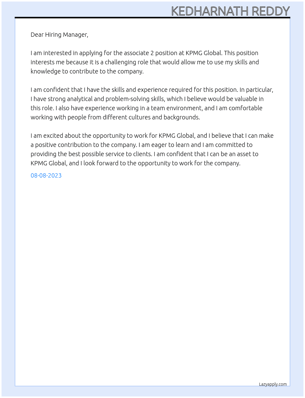 associate 2 At KPMG GLOBAL Cover Letter