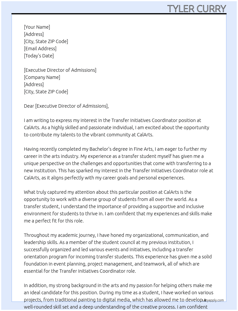 Transfer Initiatives Coordinator At CalArts Cover Letter
