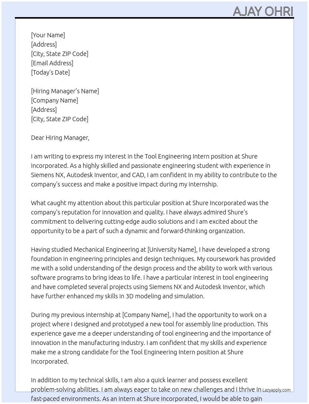 Tool Engineering Intern At Shure Incorporated  Cover Letter