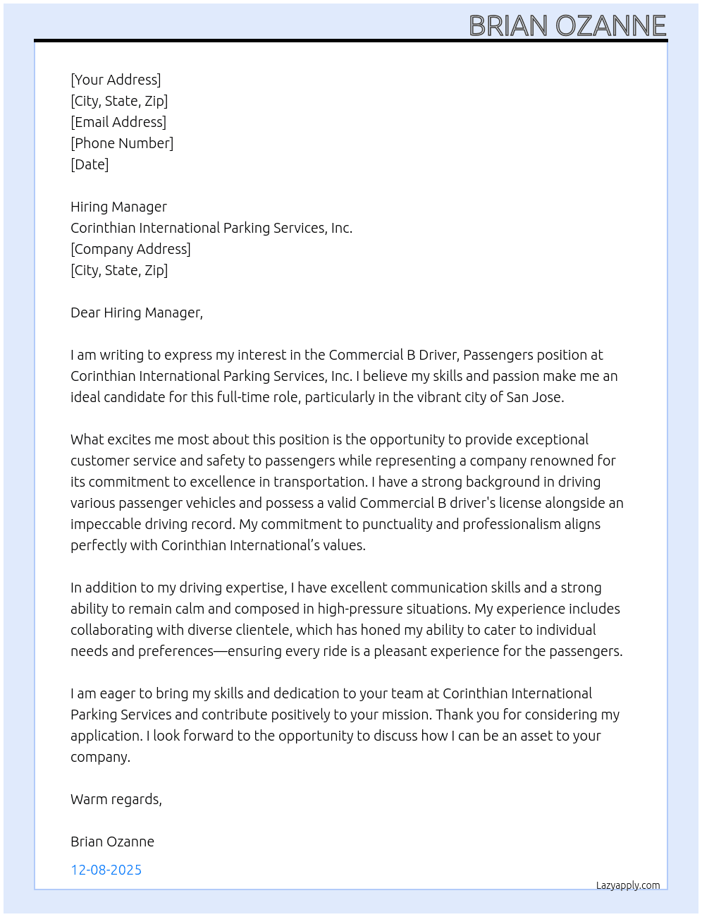 Commercial B Driver Passengers At Corinthian International Parking Services, Inc. Cover Letter