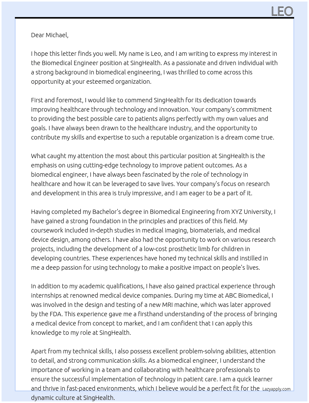 biomedical engineer At singhealth Cover Letter