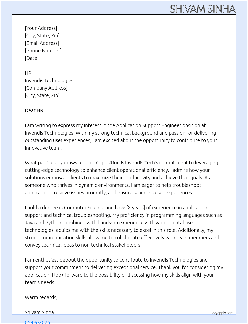 Application Support Engineer At Invendis Technologies Cover Letter